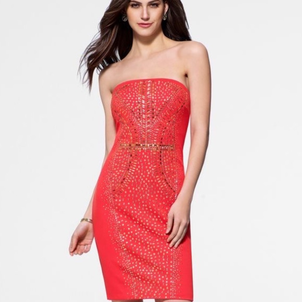 Cache Fire Red Strapless Embellished Dress Sz 0